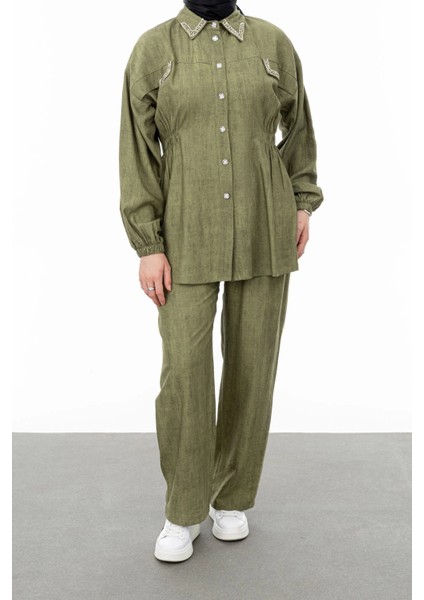 Yakası ve Alleri Taşlı Pantolon Takım - Haki