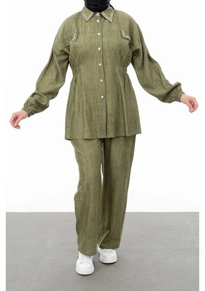 Yakası ve Alleri Taşlı Pantolon Takım - Haki fiyatları