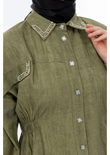 Yakası ve Alleri Taşlı Pantolon Takım - Haki fırsatları