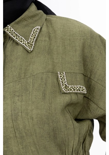 Yakası ve Alleri Taşlı Pantolon Takım - Haki indirimleri