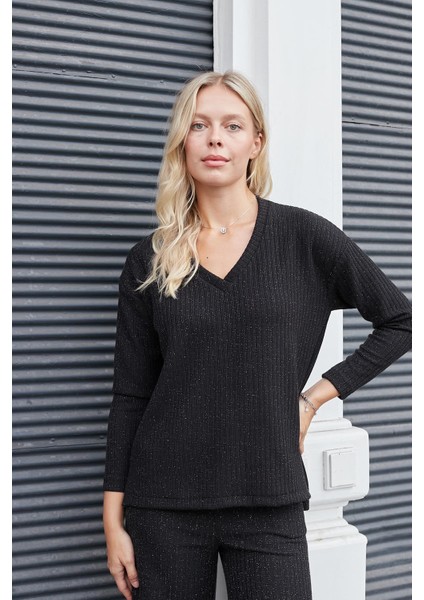 Kadın Simli Kaşkorse V Yaka Düşük Omuzlu Uzun Kol Yırtmaçlı Bluz -Siyah modelleri