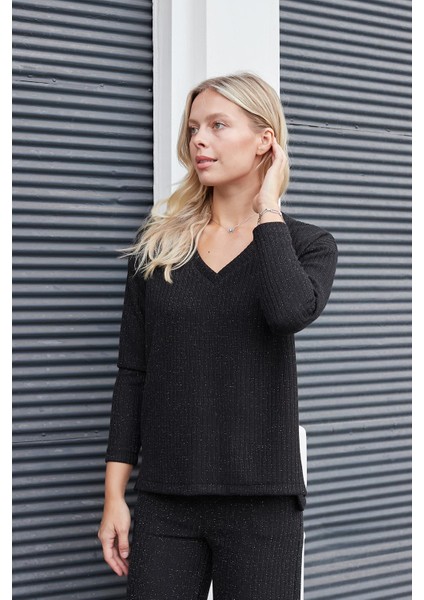 Kadın Simli Kaşkorse V Yaka Düşük Omuzlu Uzun Kol Yırtmaçlı Bluz -Siyah fırsatları