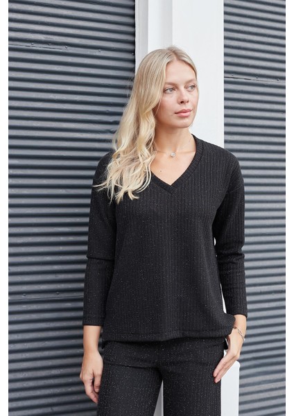 Kadın Simli Kaşkorse V Yaka Düşük Omuzlu Uzun Kol Yırtmaçlı Bluz -Siyah indirimleri