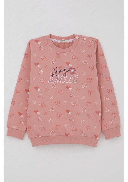 Kız Çocuk Sweatshirt Kalp Desenli Yazı Baskılı 1.5-5 Yaş, Gülkurusu