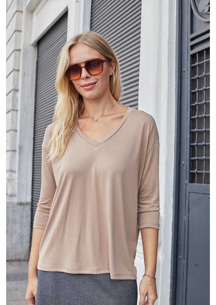 Kadın Kaliteli Modal Esnek Kumaş V Yaka Düşük Omuzlu Kapri Truvakar Kol Hafif Salaş Bluz-Camel