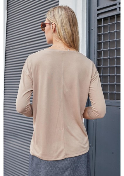 Kadın Kaliteli Modal Esnek Kumaş V Yaka Düşük Omuzlu Kapri Truvakar Kol Hafif Salaş Bluz-Camel fiyatları