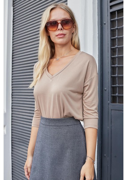 Kadın Kaliteli Modal Esnek Kumaş V Yaka Düşük Omuzlu Kapri Truvakar Kol Hafif Salaş Bluz-Camel modelleri