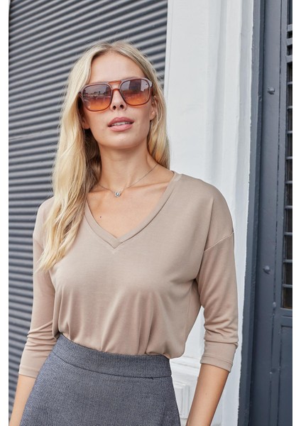 Kadın Kaliteli Modal Esnek Kumaş V Yaka Düşük Omuzlu Kapri Truvakar Kol Hafif Salaş Bluz-Camel fırsatları
