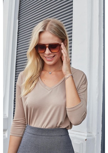 Kadın Kaliteli Modal Esnek Kumaş V Yaka Düşük Omuzlu Kapri Truvakar Kol Hafif Salaş Bluz-Camel indirimleri