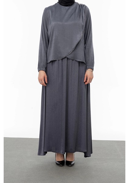 Taş Biye Detaylı Etek Takım - Gri