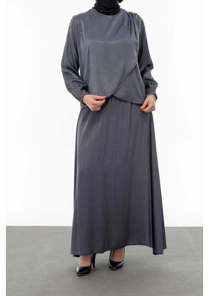 Taş Biye Detaylı Etek Takım - Gri modelleri