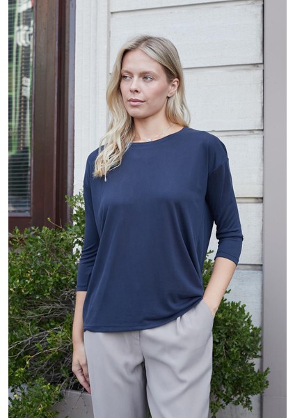 Kadın Kaliteli Modal Esnek Kumaş Geniş Sıfır Yaka Kapri Truvakar Kol Hafif Salaş Bluz-Lacivert fiyatları