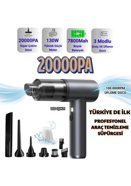 130W 3modlu 20000PA Araç Süpürgesi 7800MAH Şarjlı Oto Süpürgesi ve 100000 Rpm Üfleme Makinası