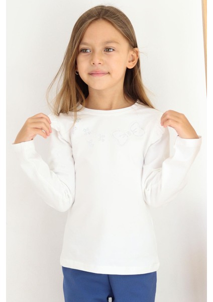 Kız Çocuk Uzun Kollu Tişört Işıltılı Taş Işleme Detaylı 4-10 Yaş, Ekru