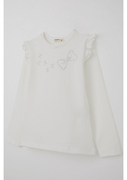 Kız Çocuk Uzun Kollu Tişört Işıltılı Taş Işleme Detaylı 4-10 Yaş, Ekru fırsatları