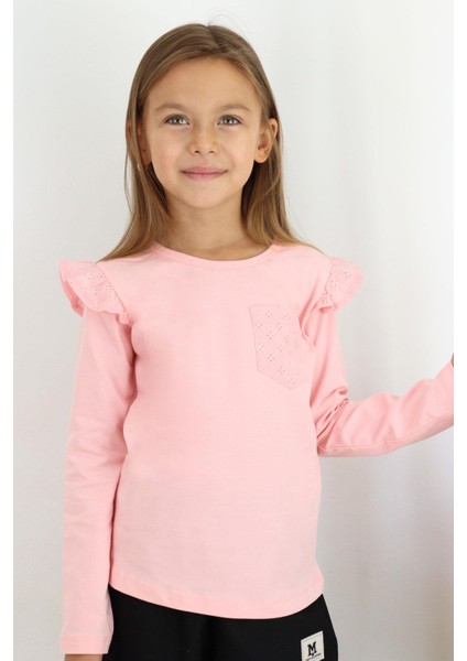 Kız Çocuk Uzun Kollu Tişört Basic Güpürlü 3-8 Yaş, Pembe