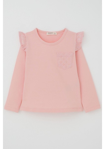 Kız Çocuk Uzun Kollu Tişört Basic Güpürlü 3-8 Yaş, Pembe fırsatları