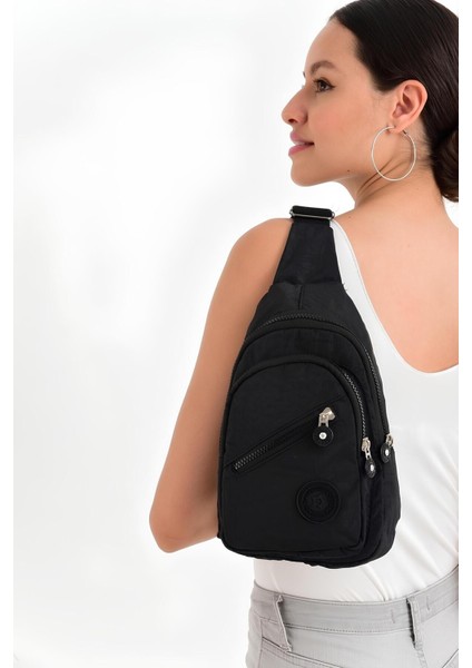 Unisex Siyah Krinkıl Çapraz Askılı Bel Omuz Çanta