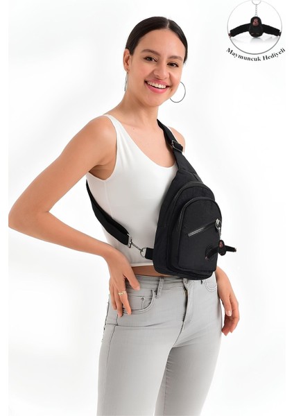 Unisex Siyah Krinkıl Çapraz Askılı Bel Omuz Çanta