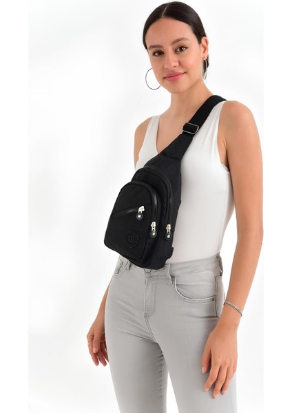 Unisex Siyah Krinkıl Çapraz Askılı Bel Omuz Çanta