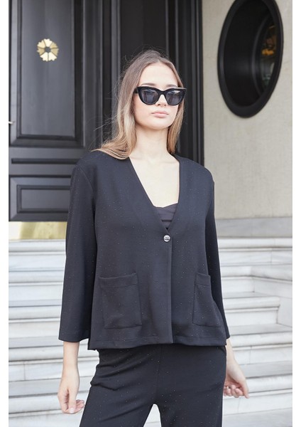 Kadın Ipeksi Dokulu Taş Baskılı Esnek Kumaş V Yaka Cepli Düğmeli Ceket Hırka-Siyah