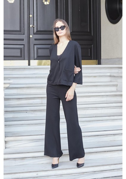 Kadın Ipeksi Dokulu Taş Baskılı Esnek Kumaş V Yaka Cepli Düğmeli Ceket Hırka-Siyah fiyatları