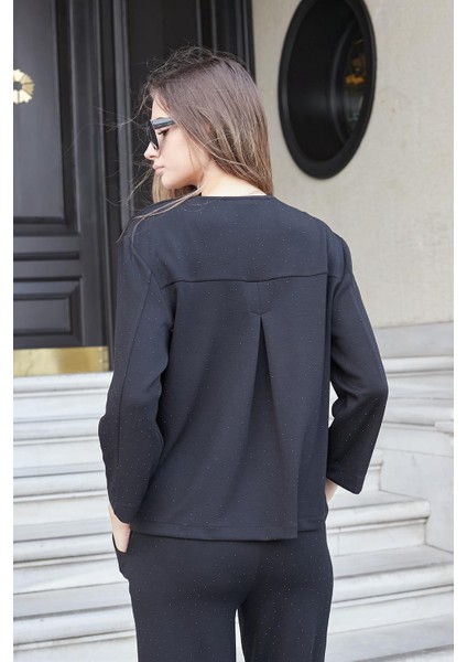 Kadın Ipeksi Dokulu Taş Baskılı Esnek Kumaş V Yaka Cepli Düğmeli Ceket Hırka-Siyah modelleri