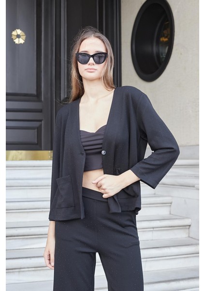 Kadın Ipeksi Dokulu Taş Baskılı Esnek Kumaş V Yaka Cepli Düğmeli Ceket Hırka-Siyah fırsatları