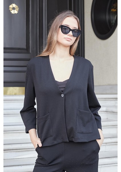 Kadın Ipeksi Dokulu Taş Baskılı Esnek Kumaş V Yaka Cepli Düğmeli Ceket Hırka-Siyah indirimleri