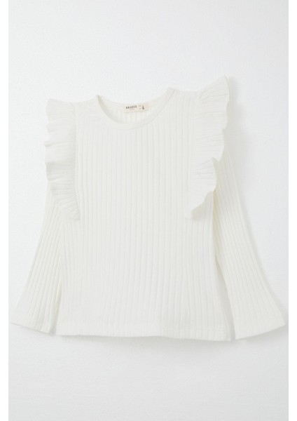 Kız Çocuk Uzun Kollu Tişört Fırfırlı 2-6 Yaş, Ekru fırsatları