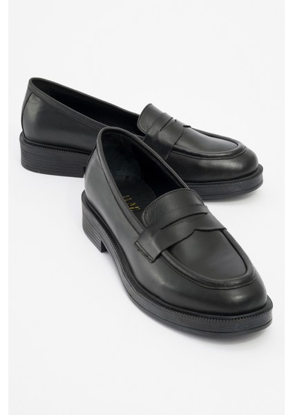 Pline Siyah Cilt Deri Kadın Loafer Ayakkabı
