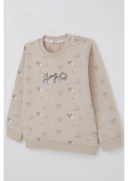 Kız Çocuk Sweatshirt Kalp Desenli Yazı Baskılı 1.5-5 Yaş, Bej modelleri