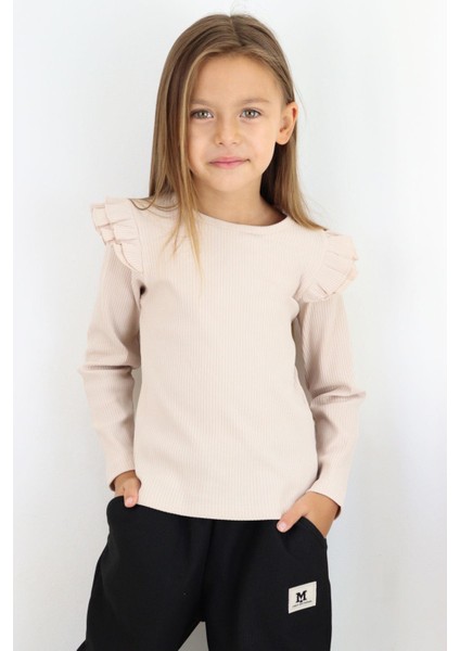 Kız Çocuk Uzun Kollu Tişört Omuzu Fırfırlı 5-10 Yaş, Bej