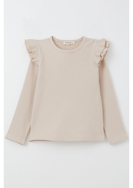 Kız Çocuk Uzun Kollu Tişört Omuzu Fırfırlı 5-10 Yaş, Bej fiyatları