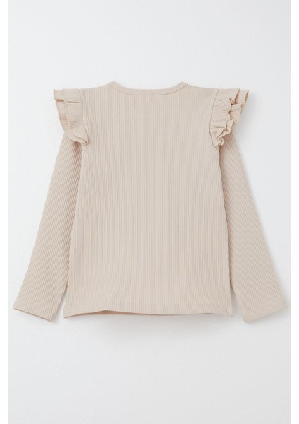 Kız Çocuk Uzun Kollu Tişört Omuzu Fırfırlı 5-10 Yaş, Bej modelleri