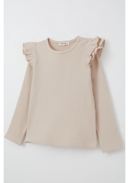 Kız Çocuk Uzun Kollu Tişört Omuzu Fırfırlı 5-10 Yaş, Bej fırsatları