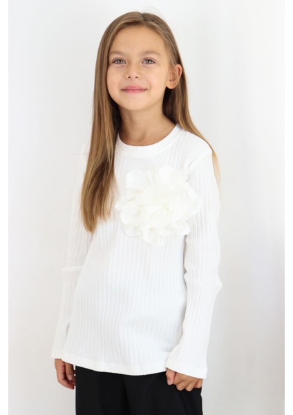 Kız Çocuk Uzun Kollu Tişört Gül Aksesuarlı 8-14 Yaş, Ekru
