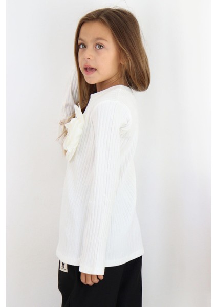 Kız Çocuk Uzun Kollu Tişört Gül Aksesuarlı 8-14 Yaş, Ekru fiyatları