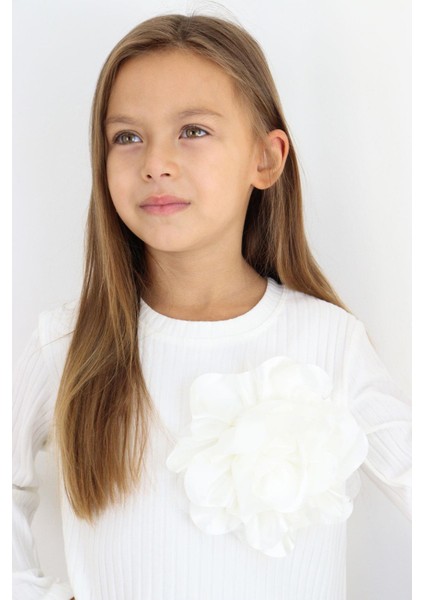 Kız Çocuk Uzun Kollu Tişört Gül Aksesuarlı 8-14 Yaş, Ekru fırsatları