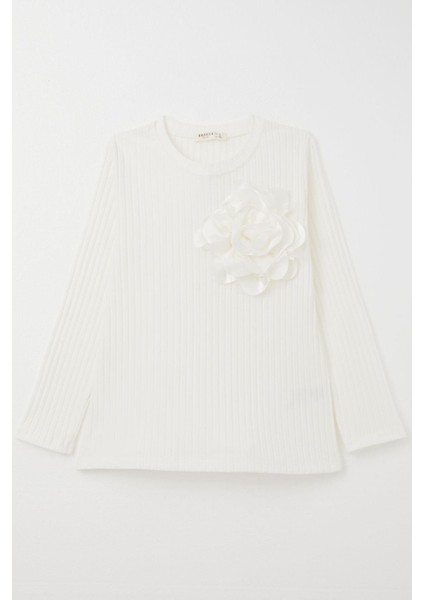 Kız Çocuk Uzun Kollu Tişört Gül Aksesuarlı 8-14 Yaş, Ekru indirimleri
