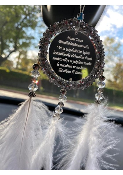 El Yapımı Kristal ve İncili Beyaz Göz Model Düş Kapanı 6x15 cm – Araç, Balkon ve Modern Ev Dekorasyonu Aksesuarı