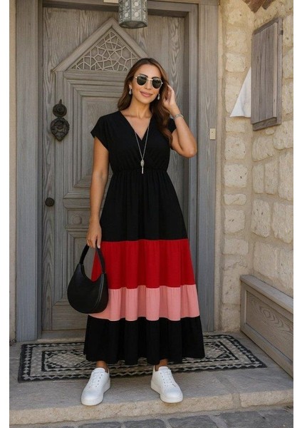 Kadın Kısa Kollu Kruvaze Yakalı Çok Renkli Aerobin Elbise