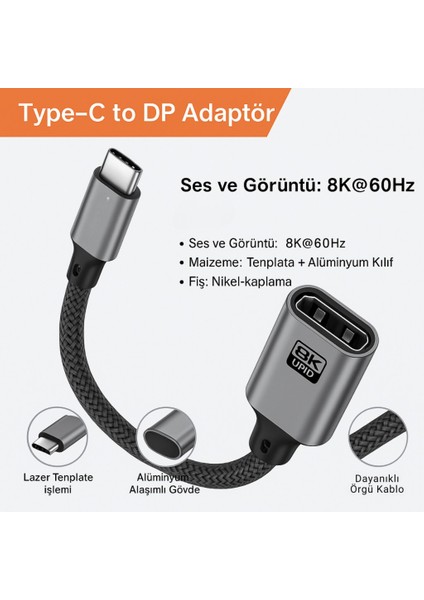 Type C To Displayport Adaptör 8k UHD 60Hz | Dayanıklı Örgü Kablo | Tak-Çalıştır 8k Dp Kablosu fiyatları