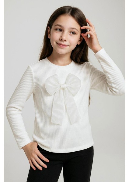 Kız Çocuk Uzun Kollu Tişört Fiyonk Aksesuarlı 8-12 Yaş, Ekru