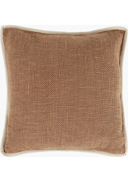 Kahverengi Keten Kare Kırlent Beyaz Kenarlı