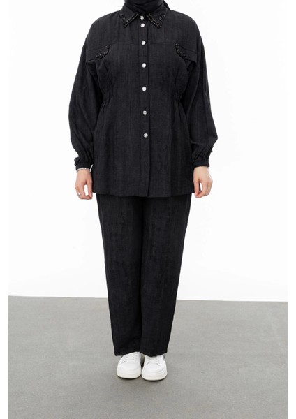 Yakası ve Alleri Taşlı Pantolon Takım - Siyah