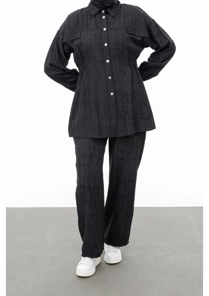 Yakası ve Alleri Taşlı Pantolon Takım - Siyah fiyatları