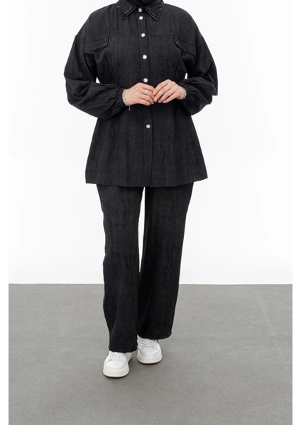 Yakası ve Alleri Taşlı Pantolon Takım - Siyah modelleri