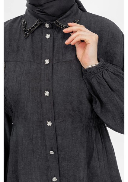 Yakası ve Alleri Taşlı Pantolon Takım - Siyah