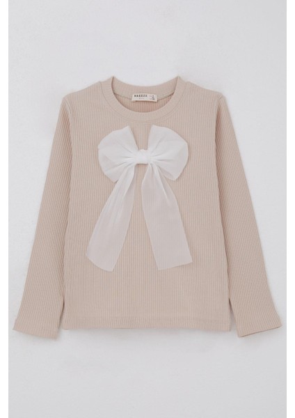 Kız Çocuk Uzun Kollu Tişört Fiyonk Aksesuarlı 8-12 Yaş, Bej